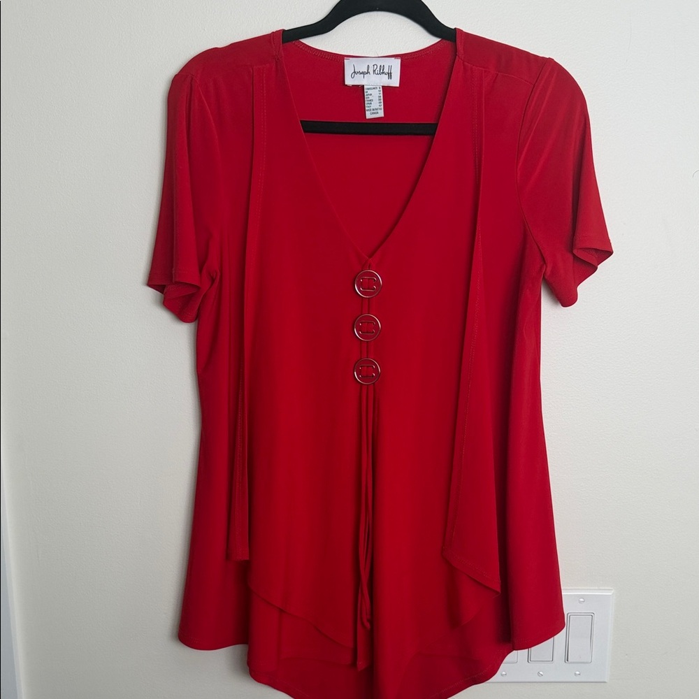 Joseph Ribkoff Red V-Neck Short Sleeve Tunic with Button Detail